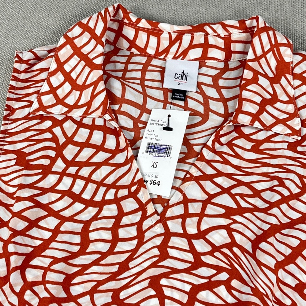 Cabi Twirl Top Women XS Russet Twist Orange Abstract Print Sleeveless VNeck 4183